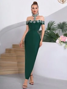 Modphy 新款女款黑色露肩性感重工奢華鑽飾緊身長版繃帶裙 婚禮伴娘禮服 正式晚宴派對洋裝 - 墨綠色 - 查看 3