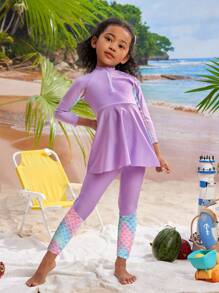 Young Girl's Cute Fish Scale Ombre Print Long Sleeve Rash Guard Two Pieces Swimwear With Shoulder Straps Summer Holiday