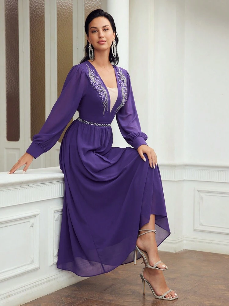 CHIFFON RHINESTONE AND BEADED APPLIQUES LANTERN SLEEVE DRESS