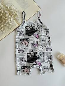 SHEIN Baby Girl Tidning & Butterfly Printed Casual Romper med upphängda remmar för sommaren - Multifärgad - Visa 2