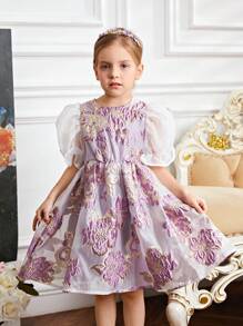 SHEIN Lässiges Rundhals-kleid Für Junge Mädchen Mit Durchsichtigen Ärmeln, Großer Schleifendekoration Und Jacquard-muster - Violett - Übersicht 2