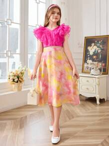 SHEIN Set aus lockerem Rüschen-Top und bedrucktem Chiffonrock für Tween Mädchen - Heißes Pink - Übersicht 7