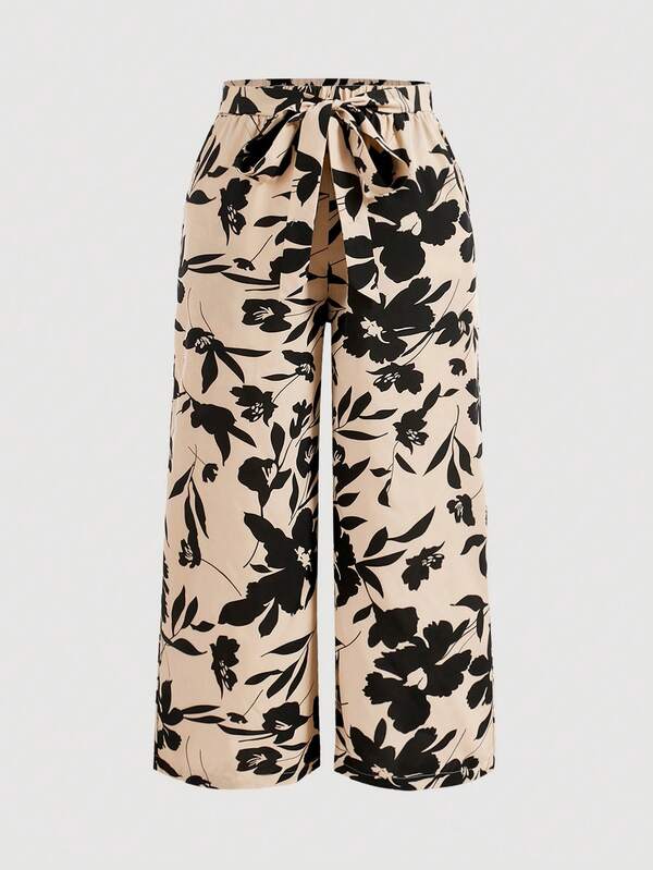 SHEIN Privé Summer Color-Block Loose-Fit Plus Size Women's Straight Pants With Floral Print And Tie Waistband, Suitable For Work, Daily Wear, And Shopping