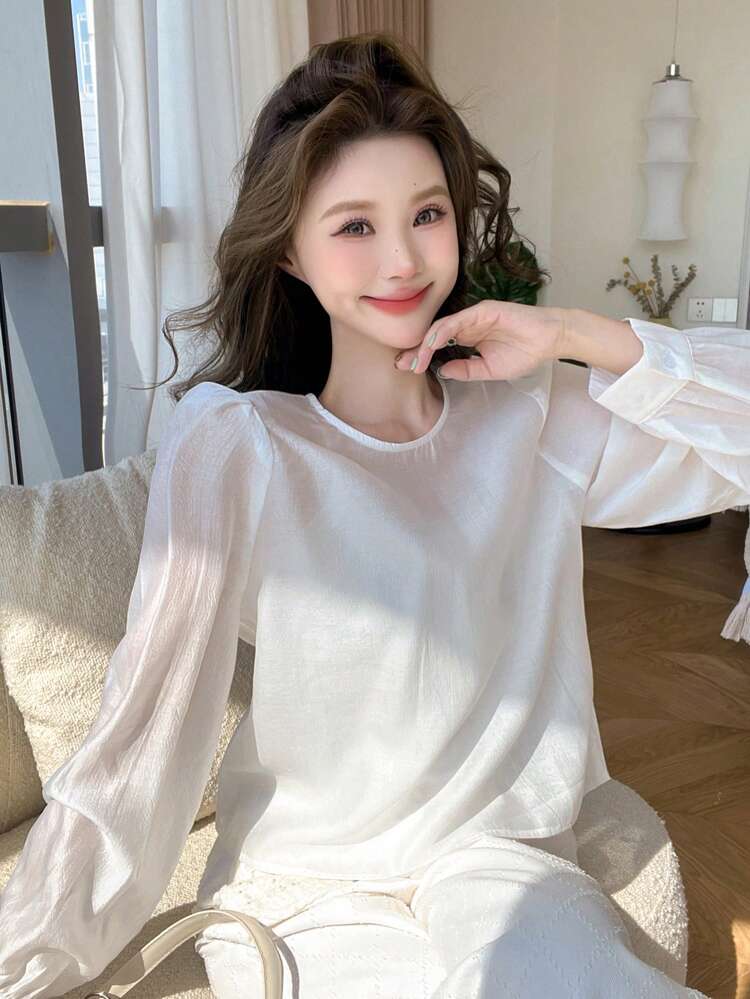 Solid Color Round Neck Loose Thin Long Sleeve Women Shirt Sheer