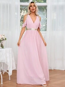 SHEIN Belle Jurk met glitterlint en split met open schouder en taille