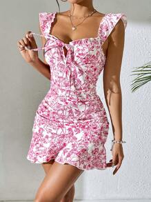 SHEIN PETITE 印花包身連衣裙，飾有荷葉邊和蝴蝶結腰帶 - 粉色 - 查看 5