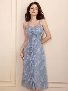 GENKIRA Vacation-Style, French, Elegant, Slim Fit, V-Neck, Ruffle Trim, Floral Pattern, Sleeveless, Spaghetti Strap, Women's Dress - Blue - View 5