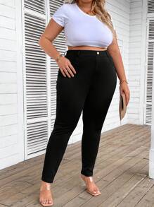 SHEIN CURVE+ Plus Size Solid Color Slimming Bodybuilding Pencil Pants With Pockets