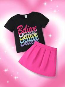 SHEIN 嬰兒女孩字母圖形t恤和褶皺裙 - 彩色 - 查看 1