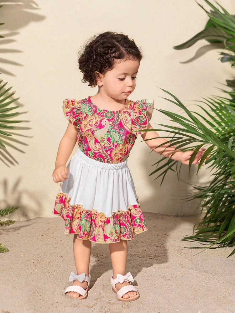 Baby Girl Summer Holiday Outfit, Floral Print Belted Cap Sleeve Top And Elastic Waist Long Pants Set