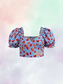 The Wizard of Oz X SHEIN Plus Size Summer Romantic Blue Gingham & Floral Print Blouse For Summer - Multicolor - View 8