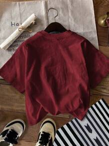 SHEIN Young Girl Casual Letter Print Short Sleeve T-Shirt Suitable For Summer - Burgundy - View 2