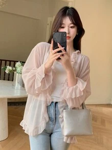Women's Solid Color Sheer Long Sleeve Regular Jacket With Frill Trim,Fall Women Clothes - White - View 4