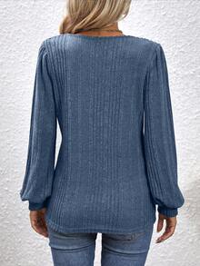 Nuevo top de manga larga con mangas de linterna para mujeres de otoño e invierno con cuello de tortuga y detalles desgastados - Azul - Ver 2