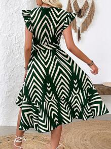 Breezaya Vestido largo de vacaciones informal con estampado a contraste, volantes y bajo asimétrico para vacaciones y playa para mujeres - Verde Oscuro - Ver 2