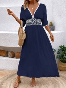 Breezaya Women's Summer Embroidered Patchwork Split Dress, Vacation Wear - Navy Blue - View 6