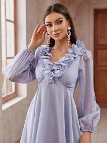 Vestido de dama de honor con manga lámpara, decorado con flores en 3D, de unicolor - Púrpura malva - Ver 5