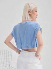SHEIN EZwear Women's Summer Loose Fit Batwing Crop Sleeve Crop Top, V-Neck Tee With Letter Print - Blue - View 4