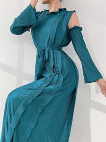 Modelyn Vestido largo para uso diario con hombros descubiertos, encaje y cinturón para mujeres, vestidos de noche - Verde - Ver 3