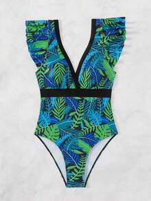 Swim Lushoire 女士简约深 V 植物印花连体泳衣 - 彩色 - 查看 5