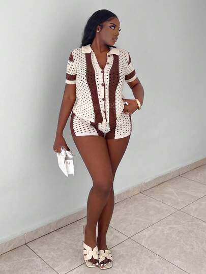 Slaydiva Holiday Beach Casual Loose Short Sleeve Shirt And Tight Shorts Color Block Hollow Out See-Through Women's Knitted Sweater Set - C