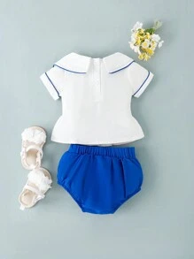 SHEIN Set bestehend aus Baby Mädchen elegantem Oberteil im Palast-Stil mit exquisiter Stickerei und Dreiecks-Shorts in einfarbigem Design passend für den Sommer