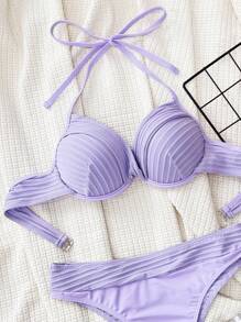 Swim Vcay 女性夏季海灘純色領頸推縮托胸性感比基尼套裝，適用於度假 - 紫色 - 查看 4