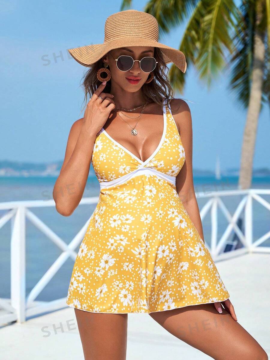 SHEIN Top de bikini tankini estampado de moda para mujeres embarazadas