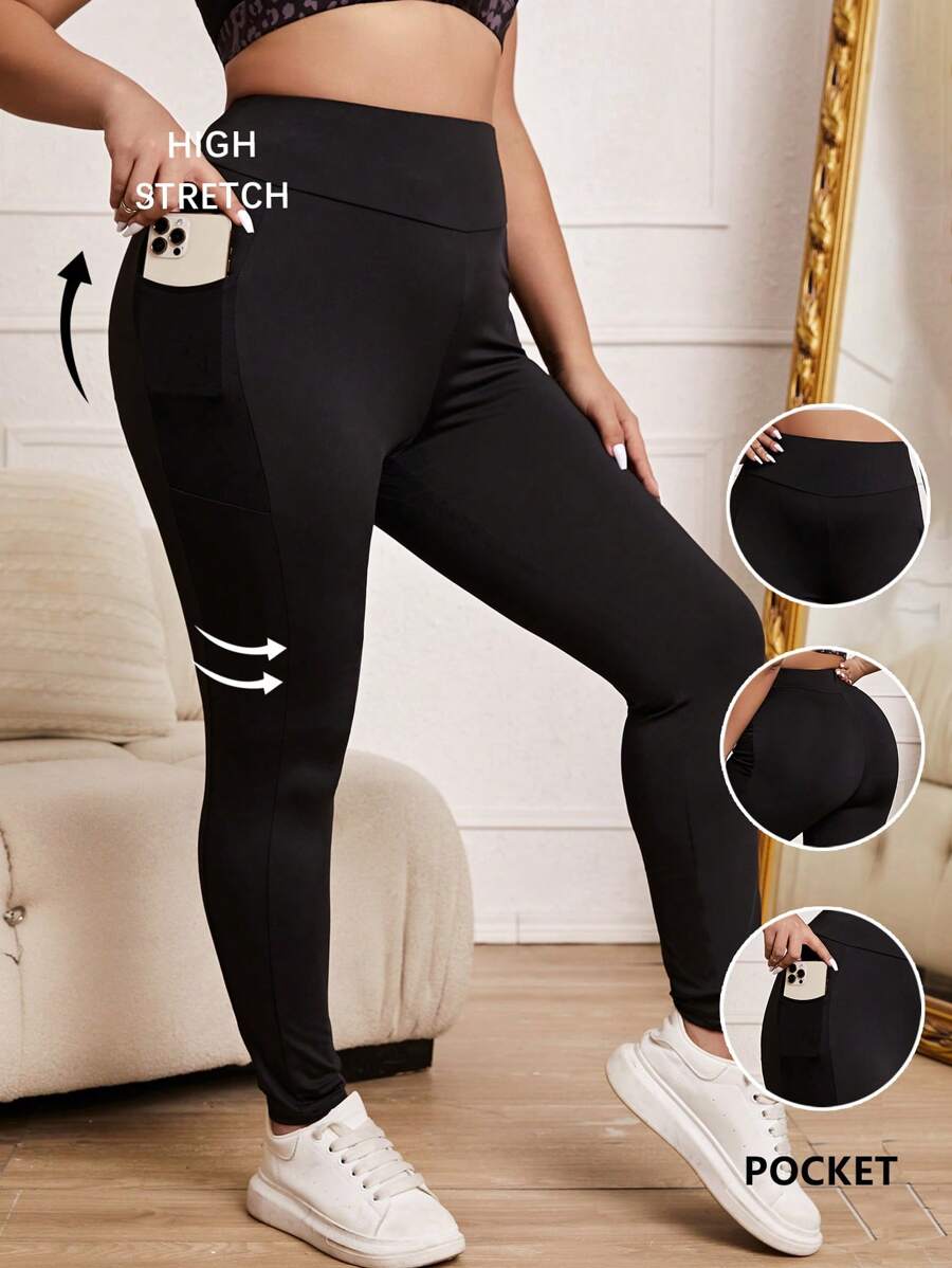 SHEIN Essnce Plus Wide Waistband Phone Pocket Leggings - Black - View 1