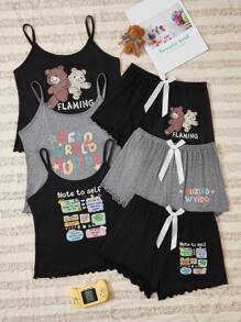 Summer Cartoon Printed Tank Top And Shorts Pajama Set, 3pcs - Multicolor - View 1