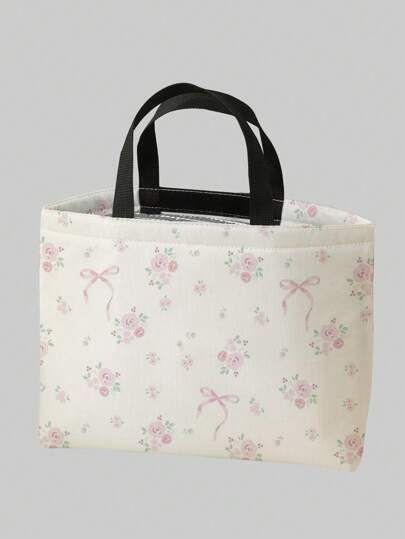Kawaii Borsa termica Oxford con farfalla e stampa di fiori, con fiocco, borsa pranzo grande alla moda e maneggevole