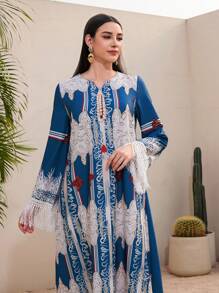 Al Najma Women's Vintage Printed Fringed Sleeve Cuff Dress - Blue - View 1