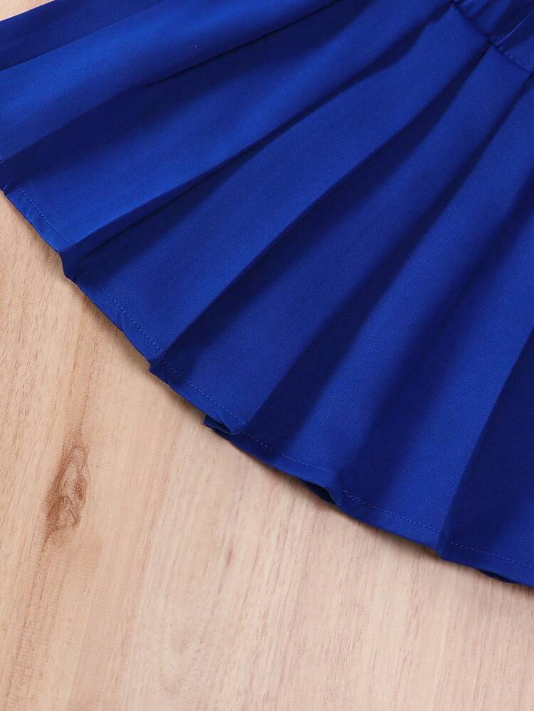 White Family Matching T-Shirt Set With Letter Logo And Blue Pleated Skirt For Baby Girl (5 Pieces Sold Separately)