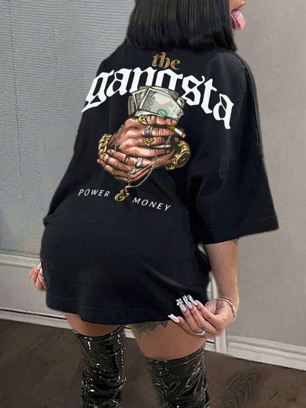 Slaydiva Tricou cu mânecă scurtă, lejer, cu gât rotund, cu design simplu, potrivit pentru vară, Gangsta POWER MONEY