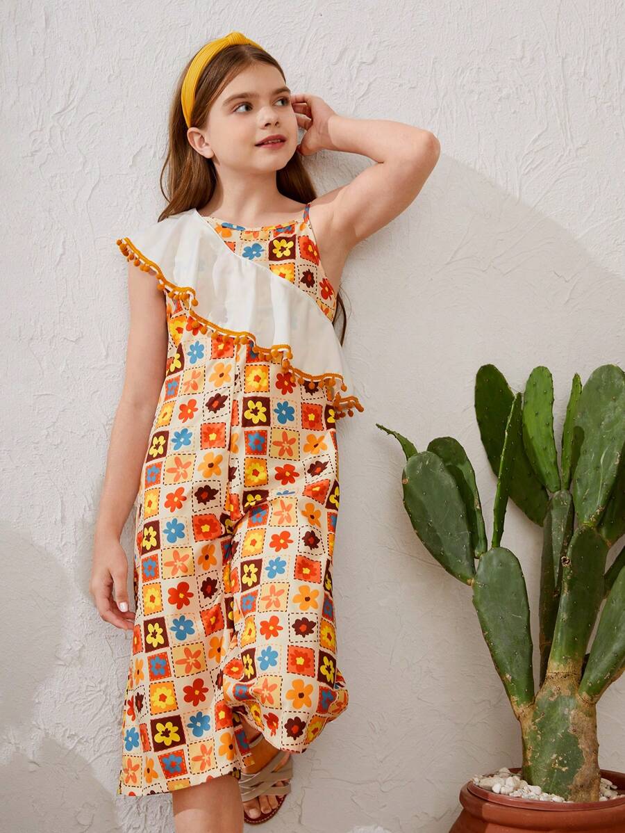 SHEIN Tween Girl Casual Vacation Cute Printed One Shoulder Jumpsuit With Ruffle Trim - Multicolor - View 1