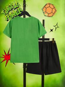 TEENAGE MUTANT NINJA TURTLES X SHEIN Conjunto de 2 peças de camiseta casual de manga curta com estampa de desenho animado e shorts de cintura com cordão para menino pré-adolescente, verão