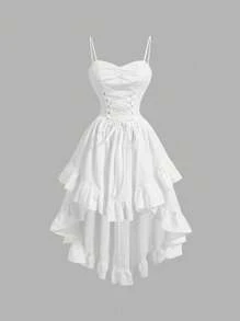 SHEIN MOD Women's Solid Color Sweetheart Neckline Cross Tie Rod Ruffle Edge Asymmetric Vintage Hem Dress,Graduation White Dress,White Graduation Dress
