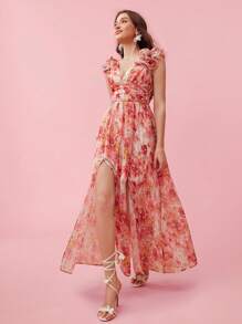 Enchnt Spring/Summer Romantic Women Elegant Split Printed Dress ,Sweet&Elegant For Valentine Day&Holiday &Sweet Date Night&Daily&Vacation&Garden Parties - Pink - View 7