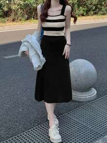 Sleeveless Contrast Color Patchwork Slim Fit Knitted Sweater Dress, Casual For Spring & Autumn