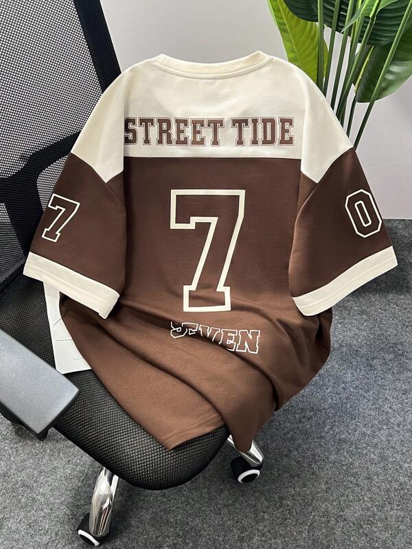 Manfinity EMRG Men Summer Round Neck Short Sleeve Letter Printed Casual Jersey T-Shirt, Street Wear, Boyfriend Gift, Manfinity Hupemode Men Summer Casual Color Block Letter Print Short Sleeve T Shirt For Going Out For Friends, Street Wear Tops, Brown Jersey