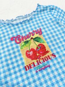 Soleia WYWH女士復古櫻桃和字母印花針織紋理面料緊身度假款藍白相間格紋波浪邊工藝前中央夏季T恤 - 藍白色 - 查看 2