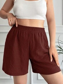 RueChic Plus Solid Elastic Waist Shorts - Burgundy - View 2