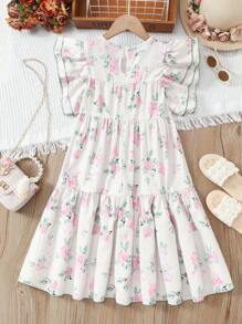 Tween Girl Summer Vacation Dress With All-Over Flower Print And Ruffle Hem - Apricot - View 2