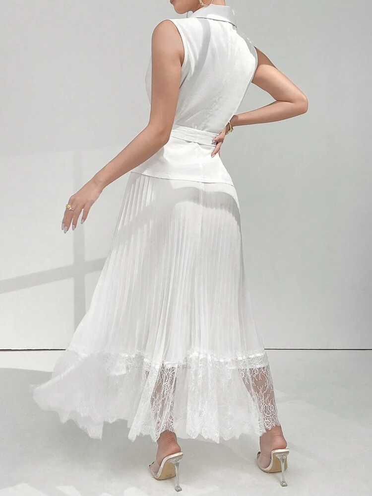 Women's Sleeveless Summer Blazer And Knee-Length Skirt Set