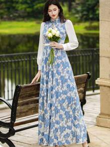 Elegant Lace Splice Heavywork Women Evening Party Dress (Belt Not Included) - Multicolor - View 2