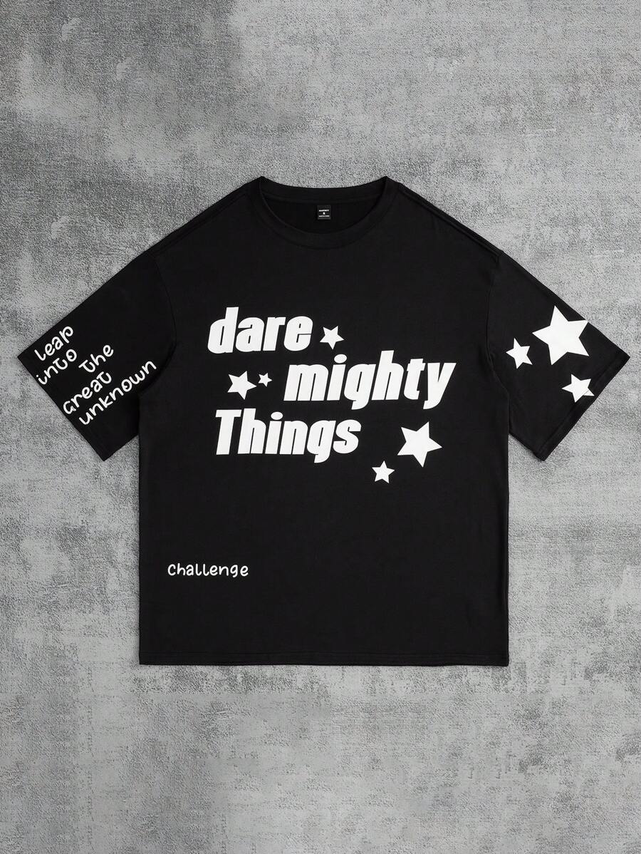 Manfinity EMRG 男士夏季短袖休閒T卹，印有口號設計 - 黑色 - 查看 1