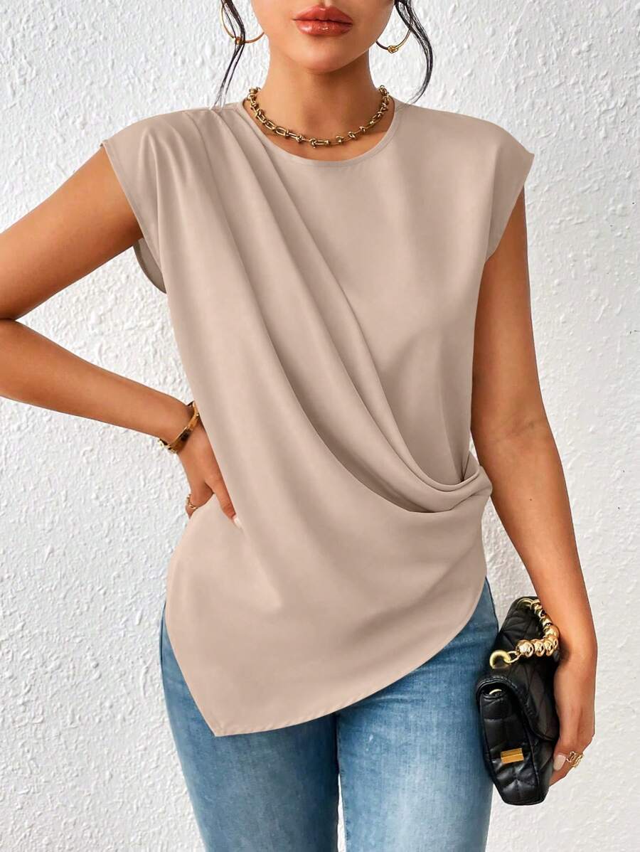 Calvaya Damesshirt met ronde hals, effen kleur en asymmetrische zoom