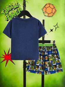 TEENAGE MUTANT NINJA TURTLES X SHEIN Set estivo da ragazzo giovane con Maglietta e pantaloncini casual a stampa di cartoni animati e lettere cool