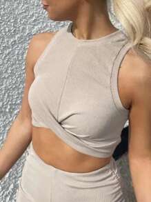 INAWLY Women's Solid Color Round Neck Sleeveless Top With Twisted Design And Shorts Summer Two-Piece Outfit - Apricot - View 4