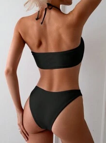 SHEIN Swim Women's Vacation Beachwear Floral Decorated Halter Neck Tie Sexy Bikini Set,Summer Beach - Black - View 2